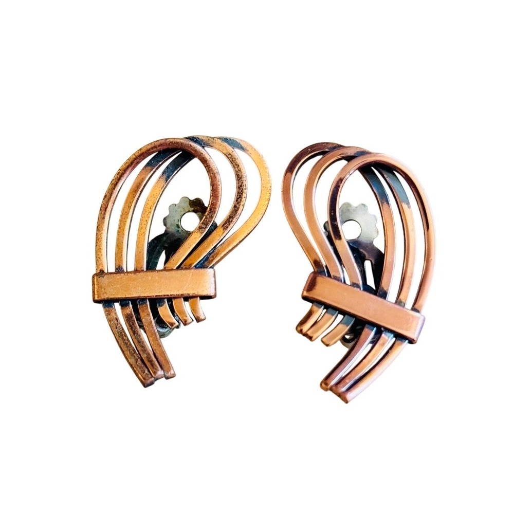 Matisse Renoir Clip Ribbon MOD Earrings VTG Signed Chunky Retro Copper MCM 60s